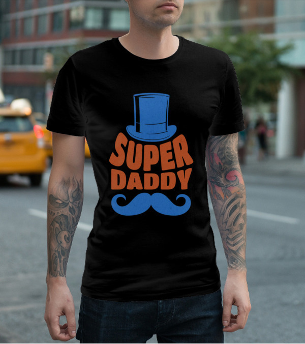 Super Daddy Mustache Top Hat Blue T-Shirt