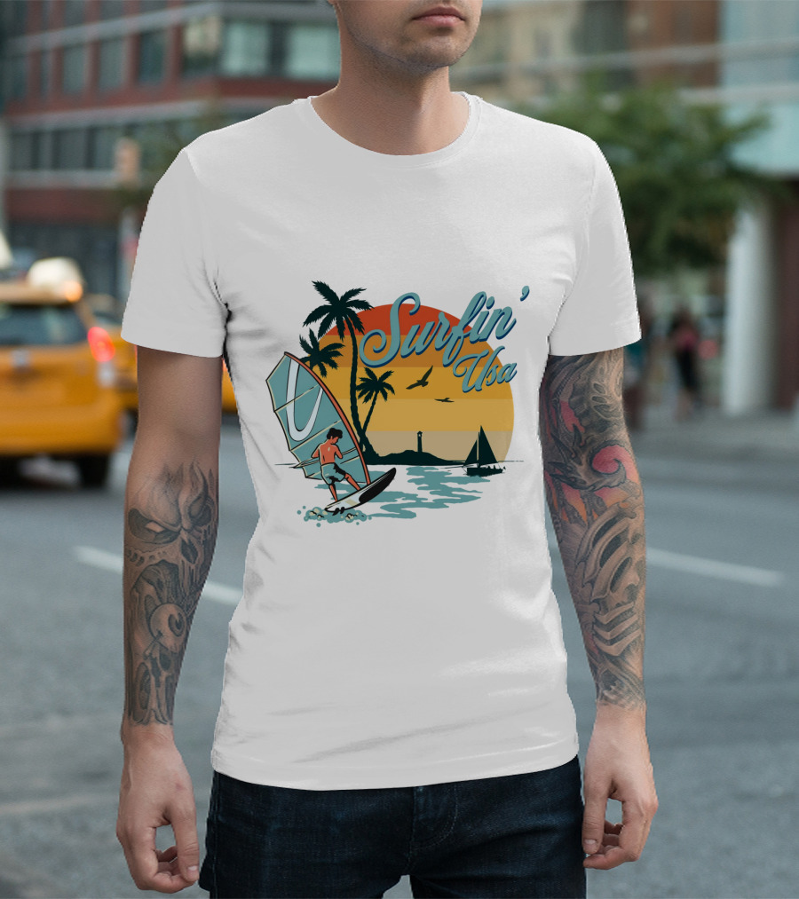 Surfin' Usa Retro Sunset Windsurfer Palm Trees Ocean Scene T-Shirt