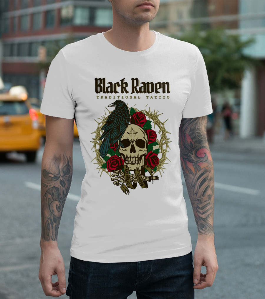 Black Raven Traditional Tattoo Skull Roses Thorns T-Shirt