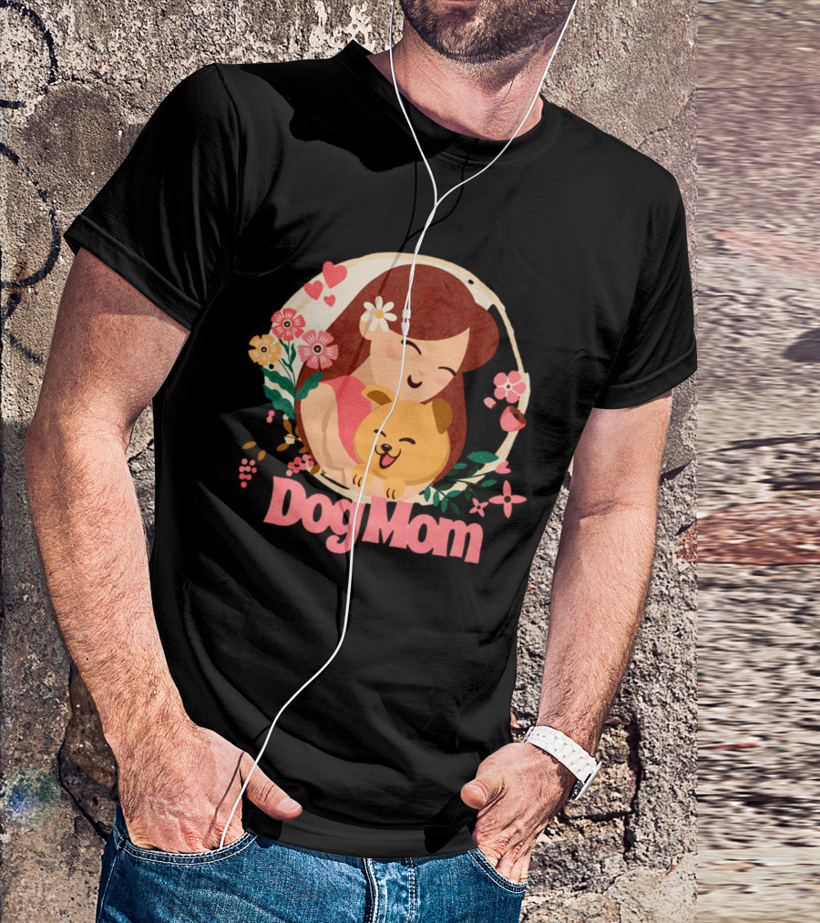 Dog Mom With Happy Puppy And Floral Heart Circle T-Shirt