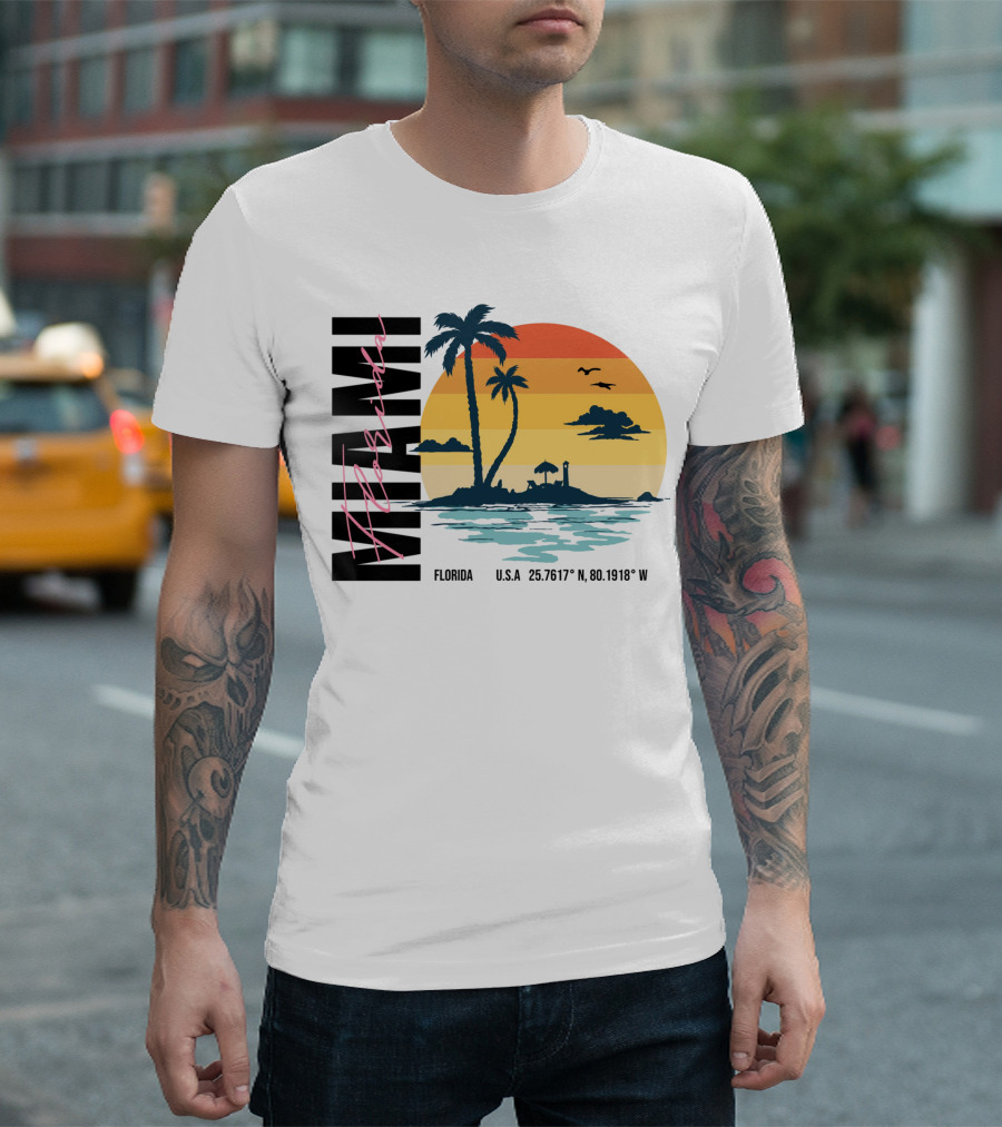 Florida Miami Beach Sunset Coordinates Palm Trees T-Shirt