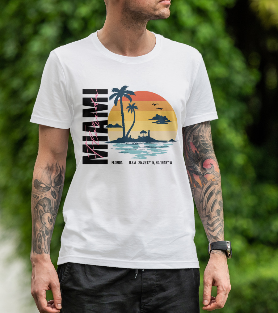 Florida Miami Beach Sunset Coordinates Palm Trees T-Shirt