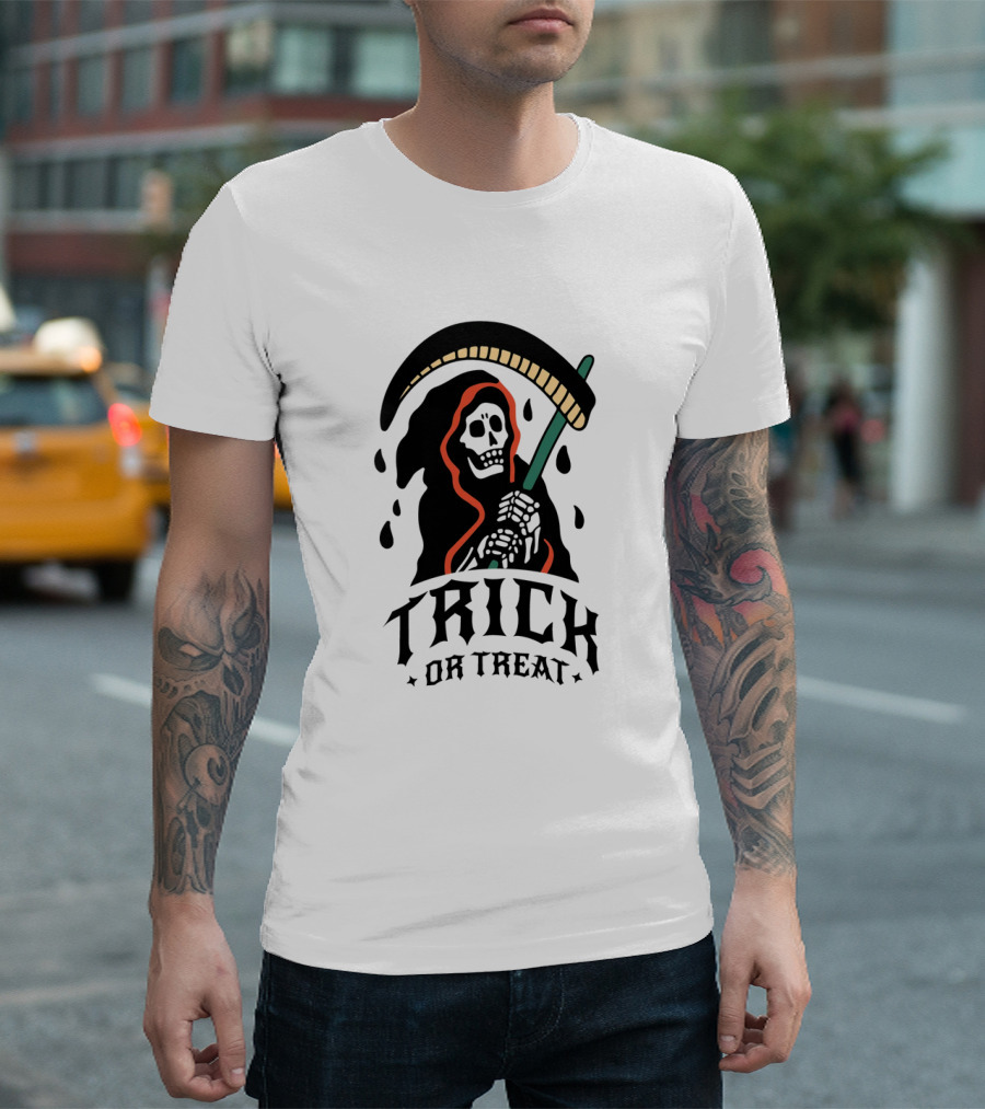 Trick or Treat Grim Reaper Skeleton with Scythe Halloween T-Shirt