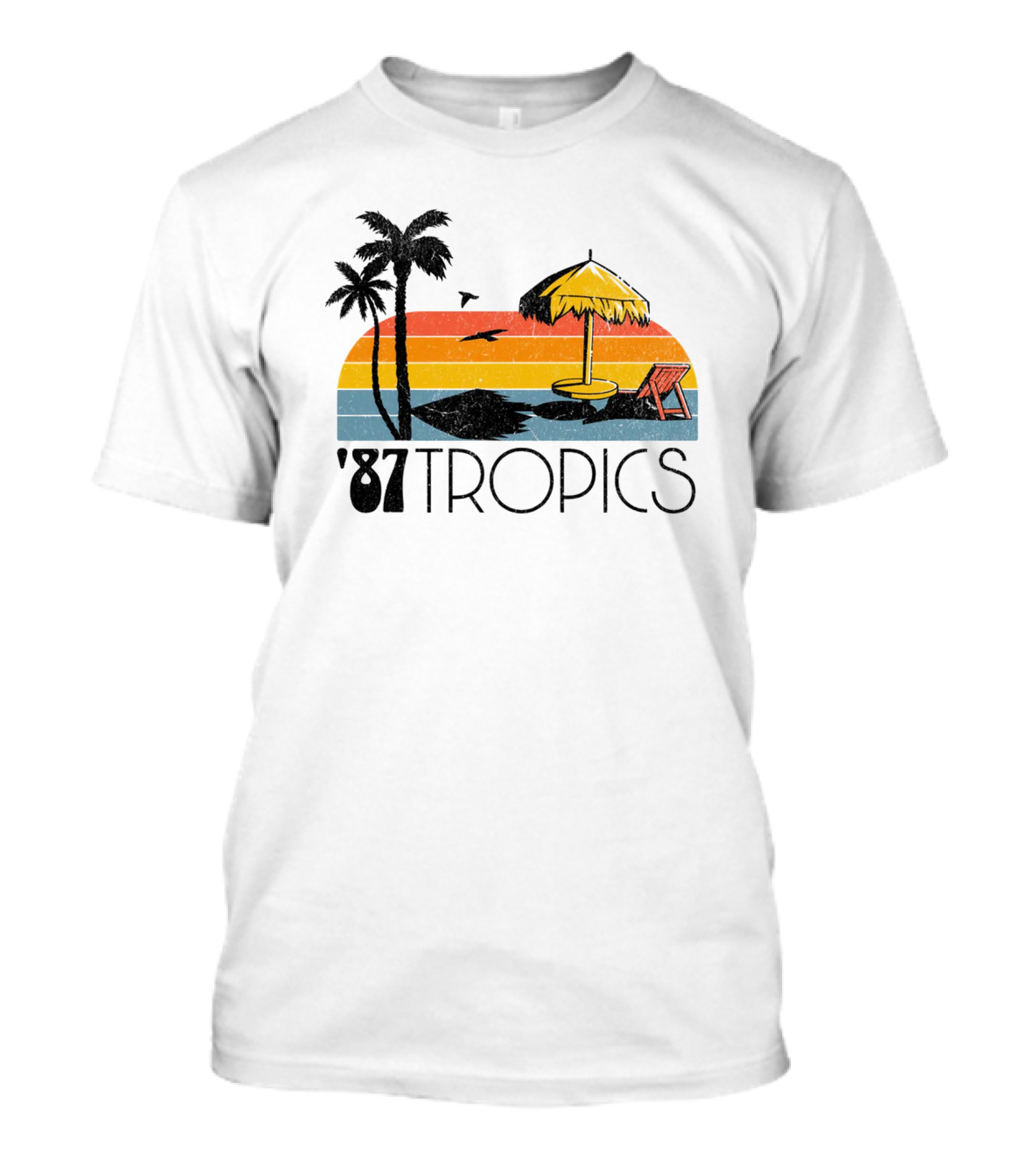'87 Tropics Sunset Palm Beach Umbrella Scene T-Shirt