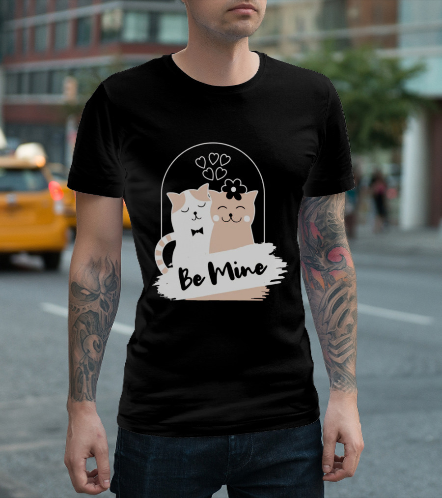 Be Mine Cute Cat Couple with Hearts and Bow Tie T-Shirt