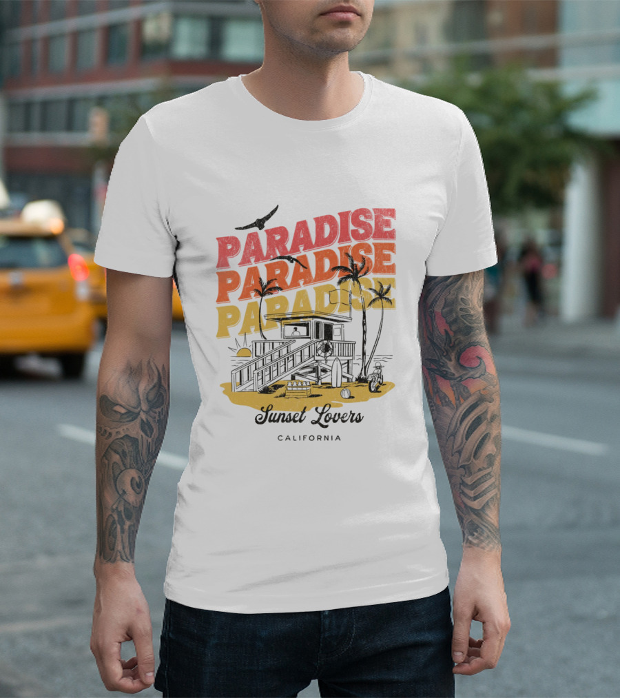 Paradise Sunset Beach Scene with Tropical Palms T-Shirt