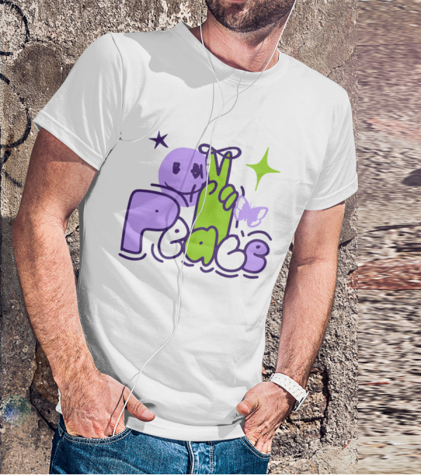 Peace Doodle Smiley Face Butterfly Star Purple Green T-Shirt