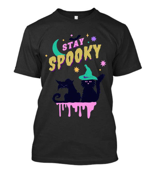 Stay Spooky Halloween Cats Moon Witch Hat Dripping Stars T-Shirt