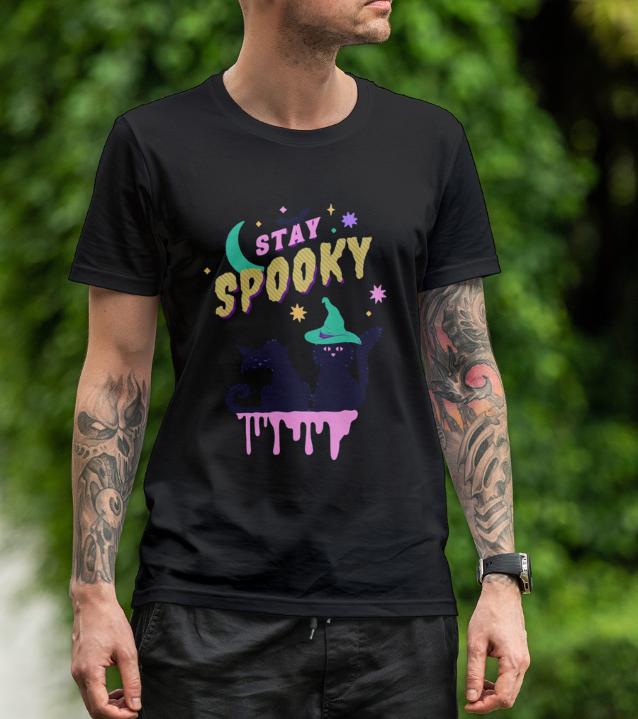 Stay Spooky Halloween Cats Moon Witch Hat Dripping Stars T-Shirt