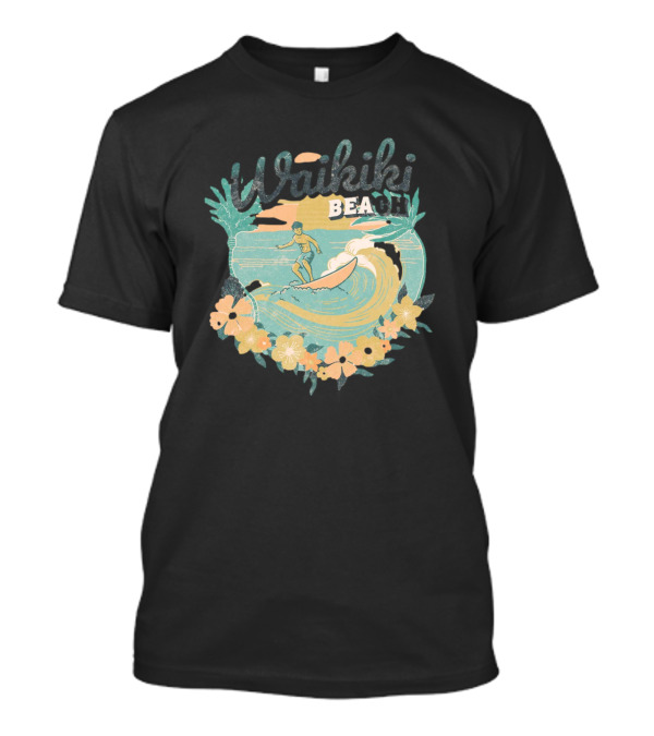 Waikiki Beach Vintage Surfing Adventure Floral T-Shirt