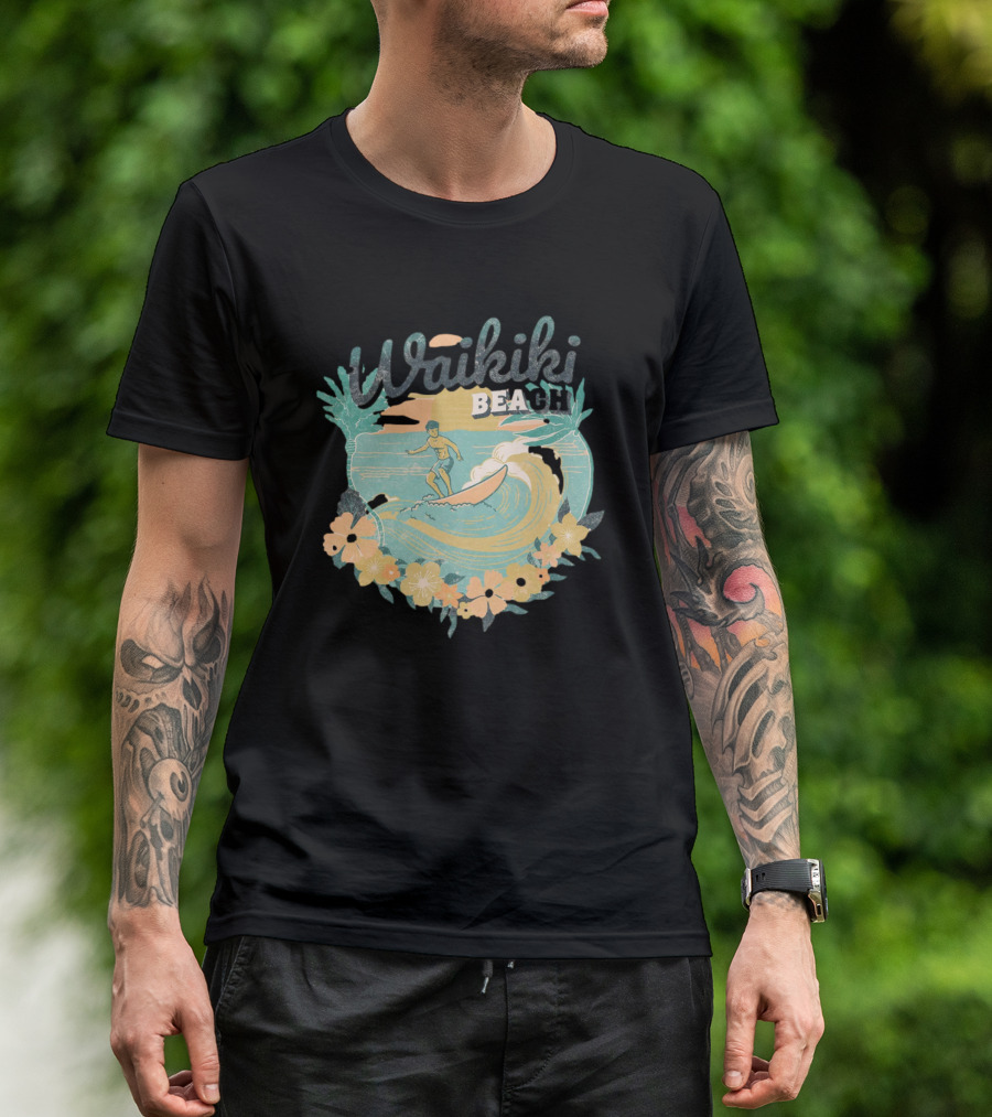 Waikiki Beach Vintage Surfing Adventure Floral T-Shirt