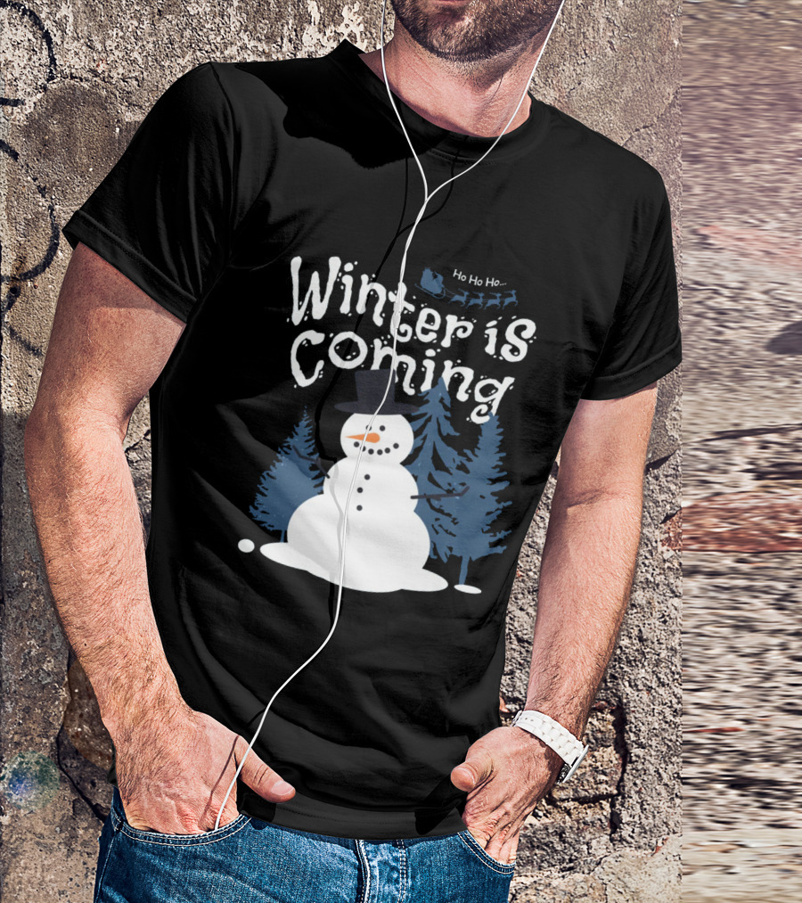 Winter Is Coming Snowman With Ho Ho Ho Santa Sleigh T-Shirt