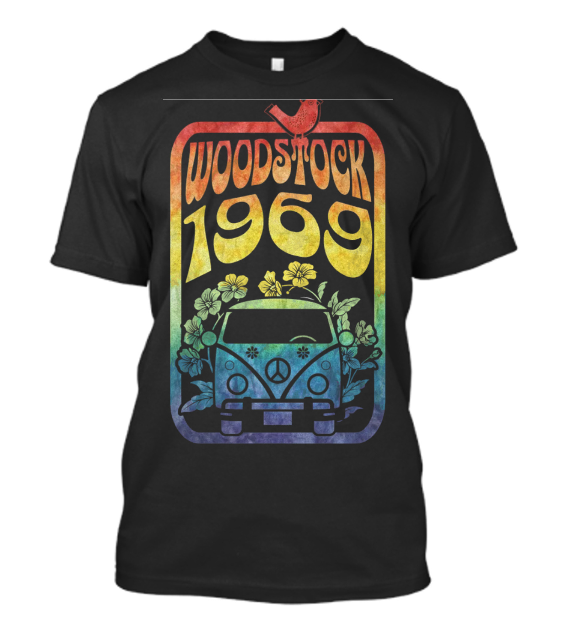 Woodstock 1969 Colorful Campervan Peace Symbol With Flowers T-Shirt