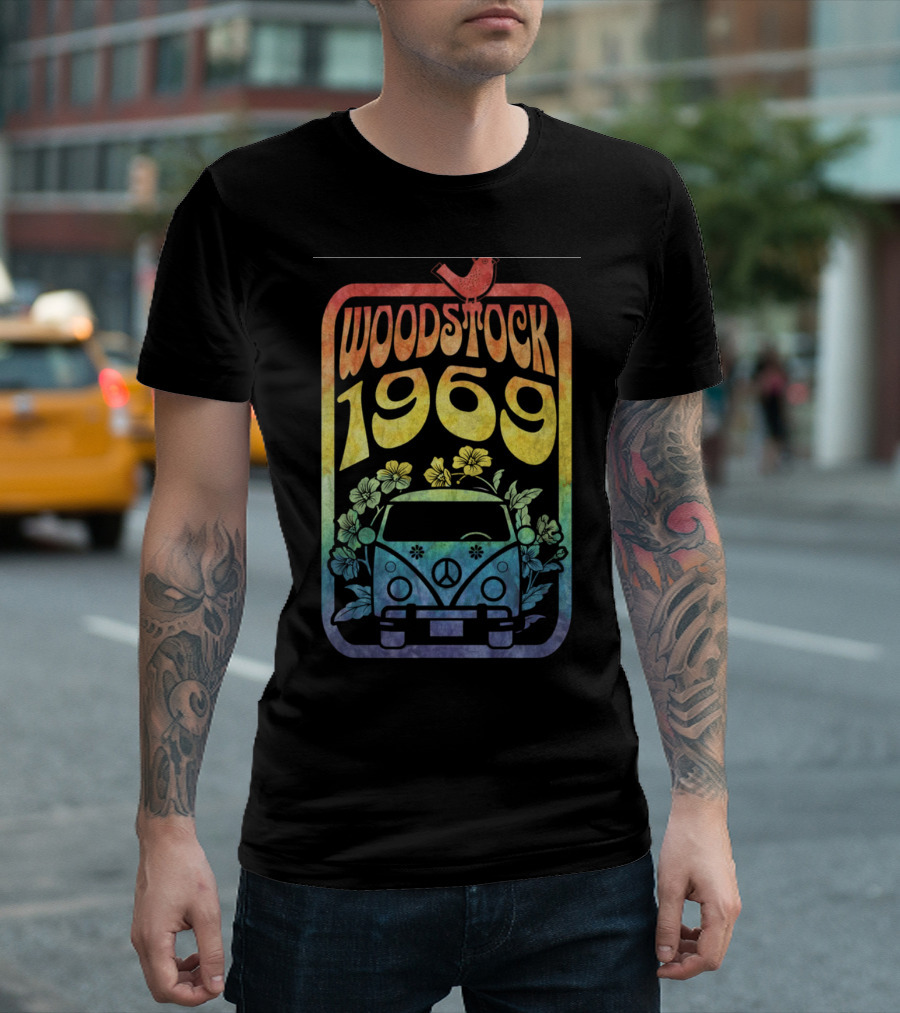Woodstock 1969 Colorful Campervan Peace Symbol With Flowers T-Shirt