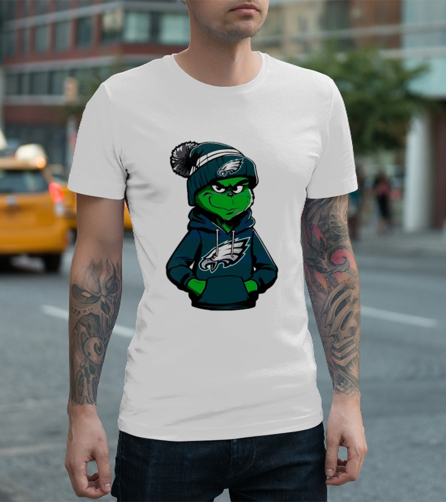 Grinch Dressed in Philadelphia Eagles Hoodie and Hat T-Shirt