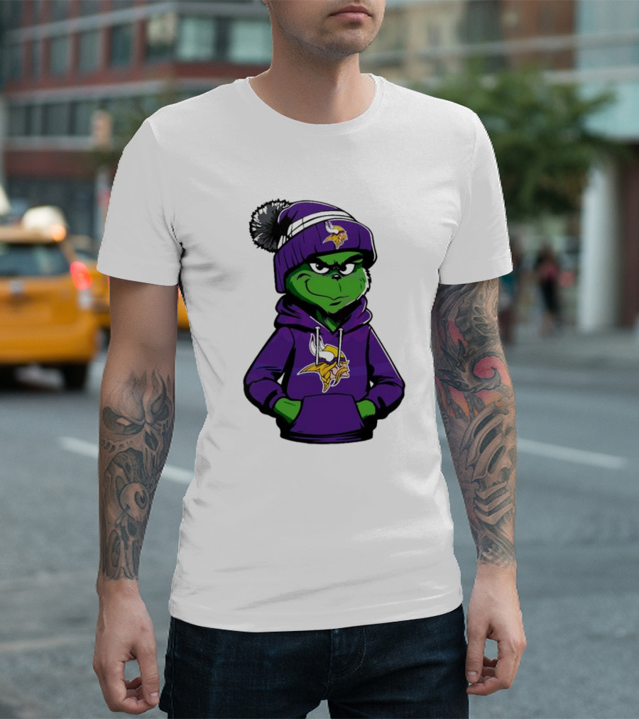 Grinch in Minnesota Vikings Hoodie and Hat with Team T-Shirt