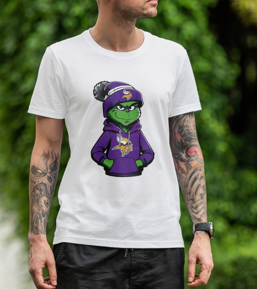 Grinch In Minnesota Vikings Hoodie And Hat With Team T-Shirt