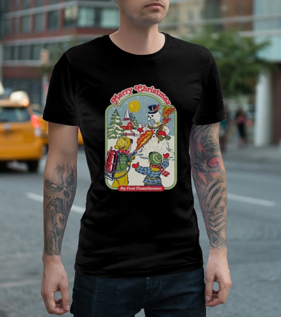 Merry Christmas My First Flamethrower Vintage Snowman Scene T-Shirt