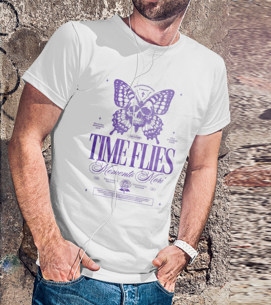 TIME FLIES Memento Mori Butterfly Skull T-Shirt