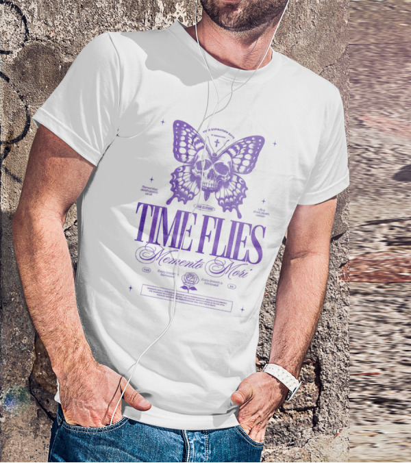 TIME FLIES Memento Mori Butterfly Skull T-Shirt