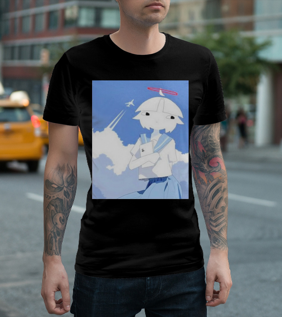 Chew’s District Clowdy Angelic Character Holding Notebook In Blue Sky With Airplane T-Shirt