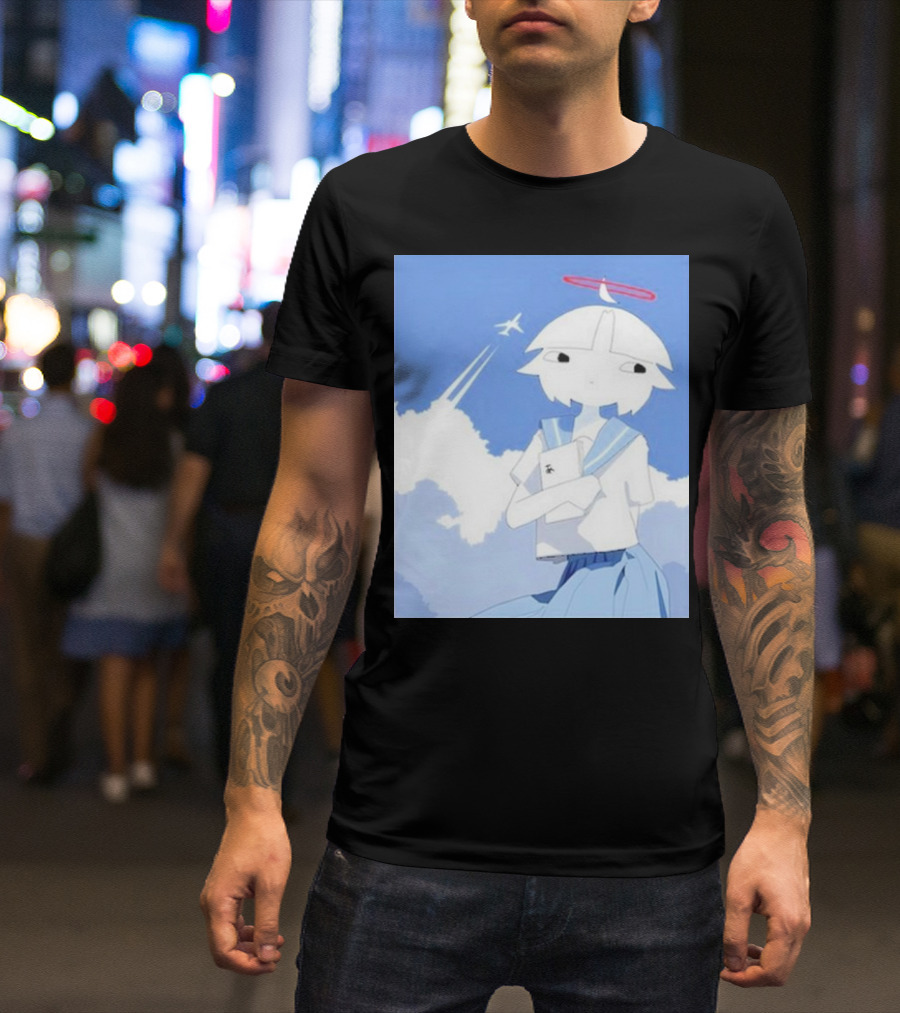 Chew’s District Clowdy Angelic Character Holding Notebook In Blue Sky With Airplane T-Shirt