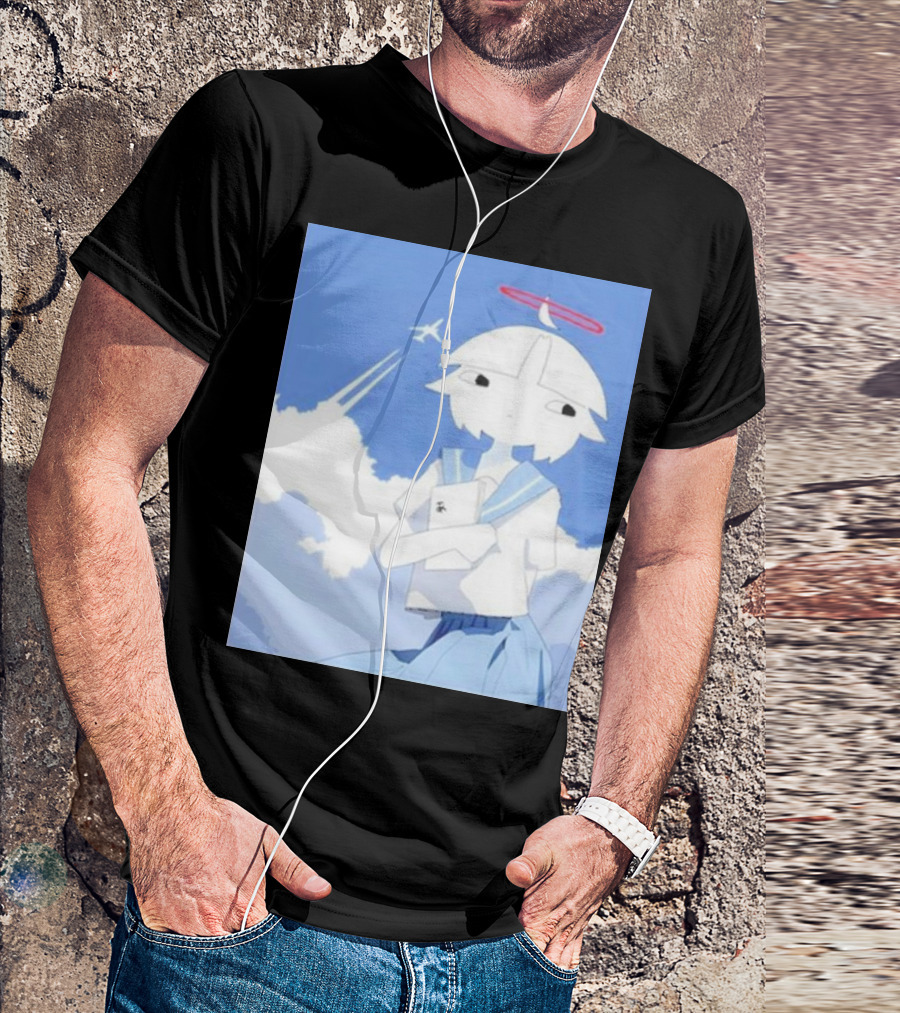 Chew’s District Clowdy Angelic Character Holding Notebook In Blue Sky With Airplane T-Shirt
