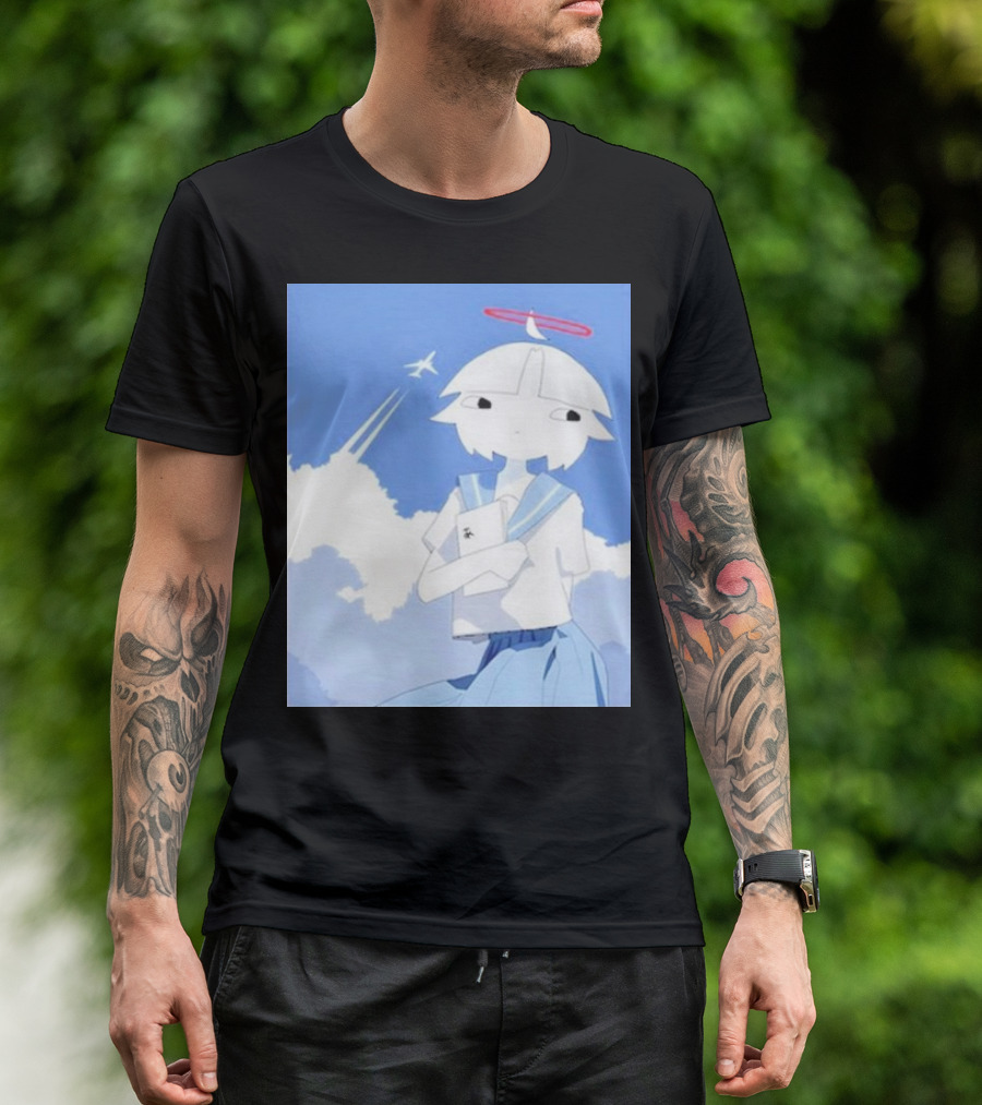 Chew’s District Clowdy Angelic Character Holding Notebook In Blue Sky With Airplane T-Shirt