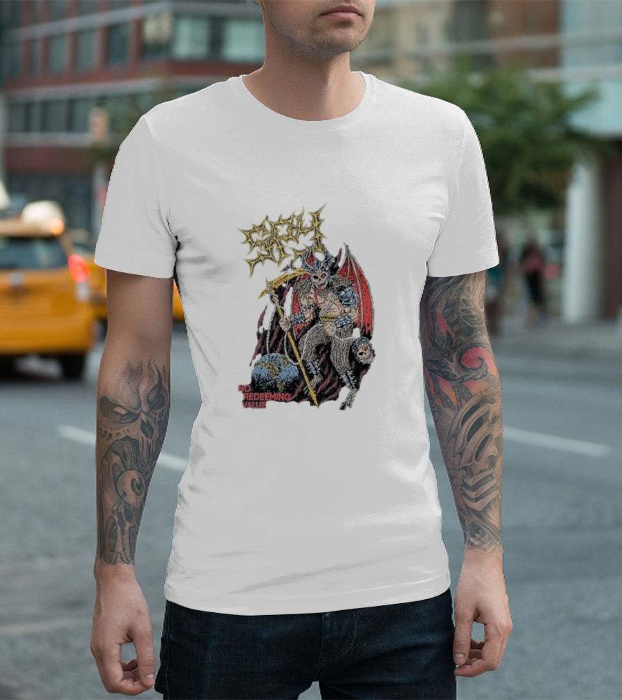Evil Angel No Redeeming Value Demon Warrior With Wings And Skeletal Staff T-Shirt