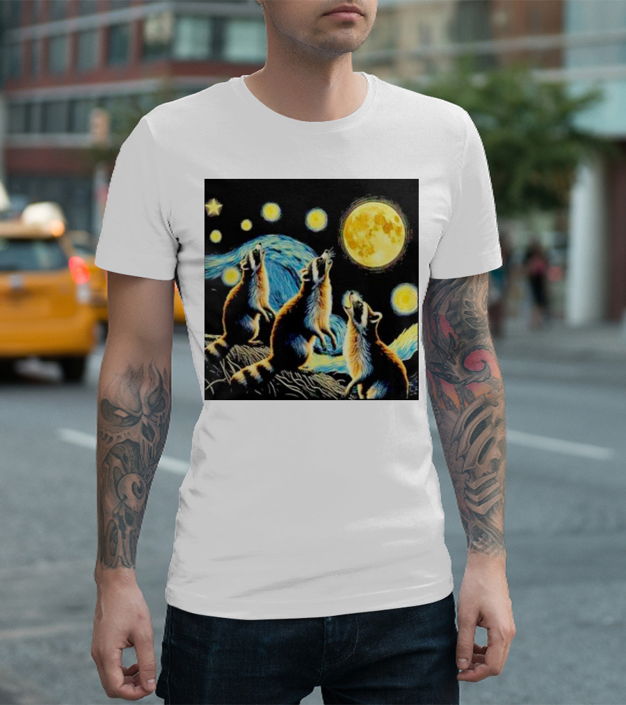 Raccoons Howling At Full Moon Starry Night Trash Pandas T-Shirt
