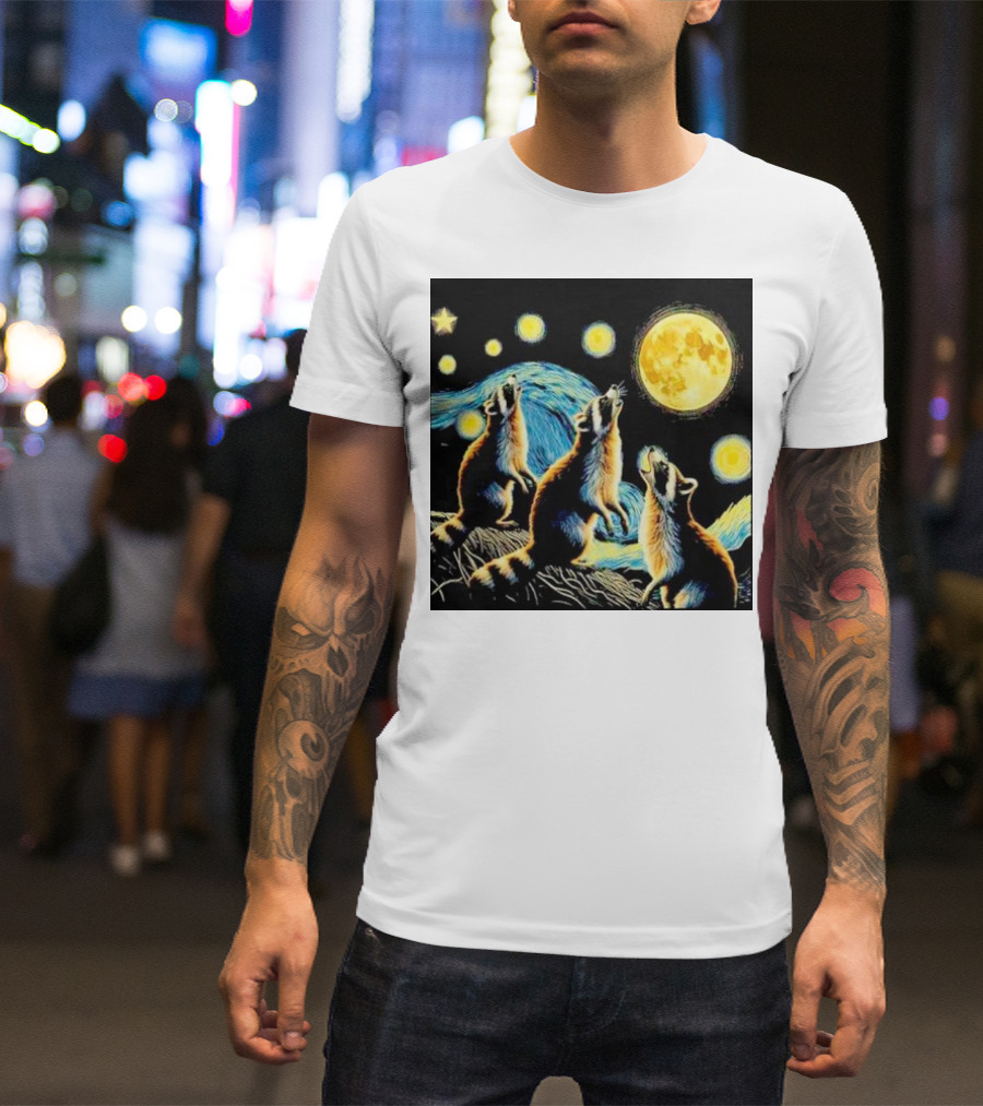 Raccoons Howling At Full Moon Starry Night Trash Pandas T-Shirt