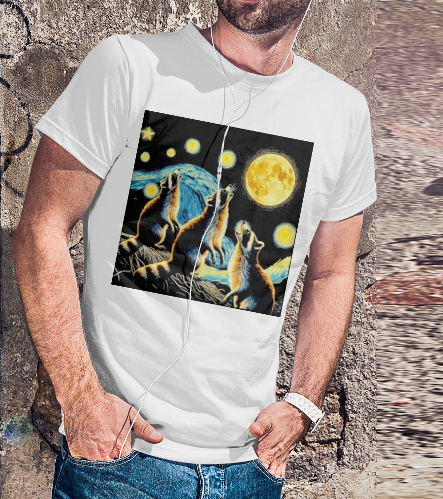 Raccoons Howling At Full Moon Starry Night Trash Pandas T-Shirt