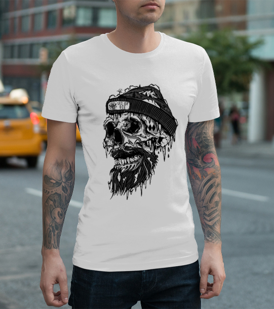 Skull Wild Ski or Die Ice Beard Beanie Adventure T-Shirt