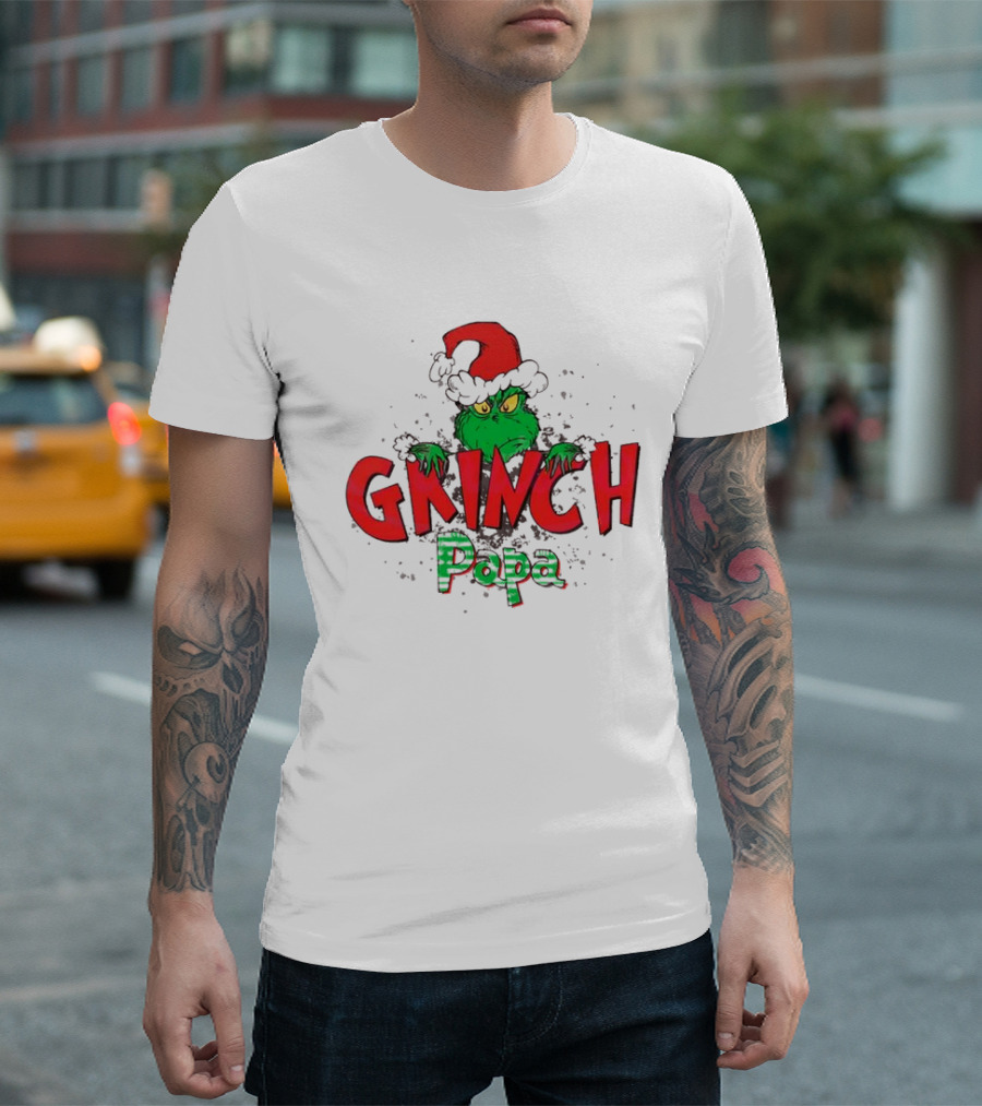 Grinch Papa Santa Hat Christmas T-Shirt