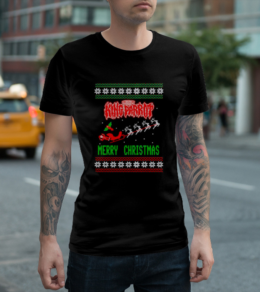 King Parrot Merry Christmas Ugly Sweater Rudolf Reindeer Sleigh Snowflakes T-Shirt