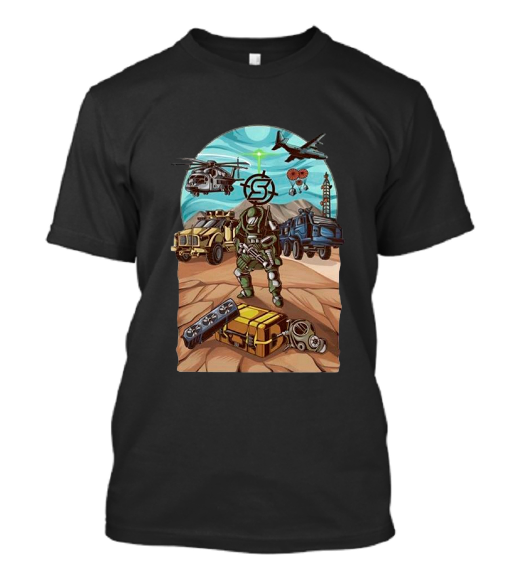 Stodeh Wearing Final Exfil Tactical Gear With Military Vehicles And Aircraft In Desert Scene T-Shirt