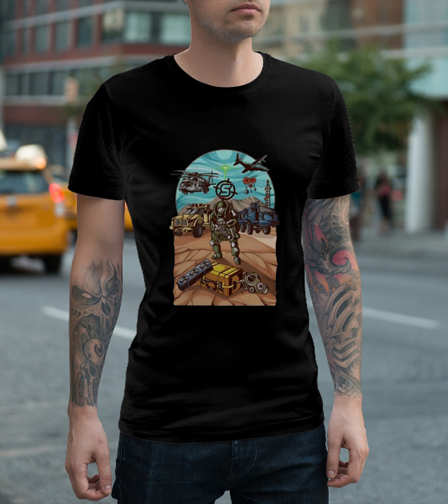 Stodeh Wearing Final Exfil Tactical Gear With Military Vehicles And Aircraft In Desert Scene T-Shirt