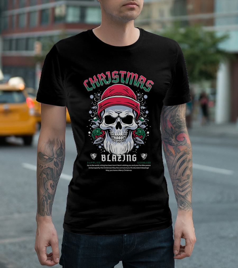 CHAJISMIS Blazing Skull Joy to the World Merry Christmas T-Shirt