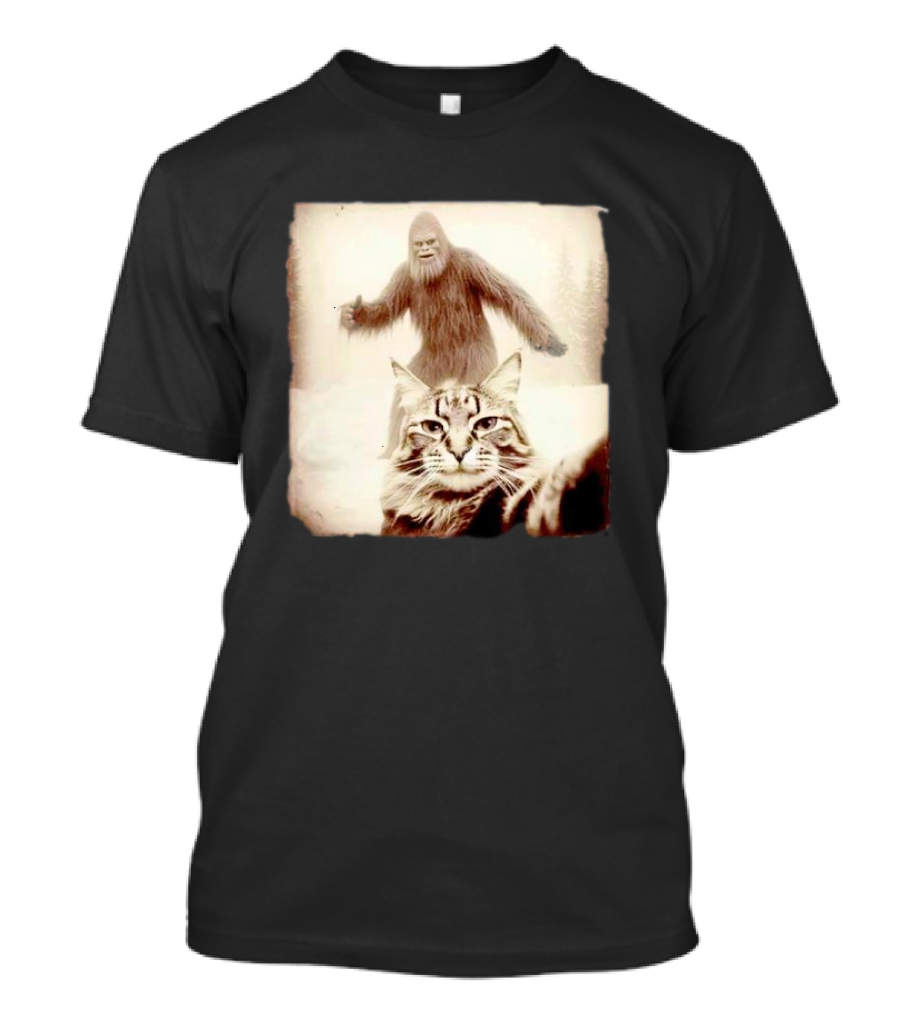 Cat Selfie With Bigfoot In Snowy Wilderness Scene T-Shirt