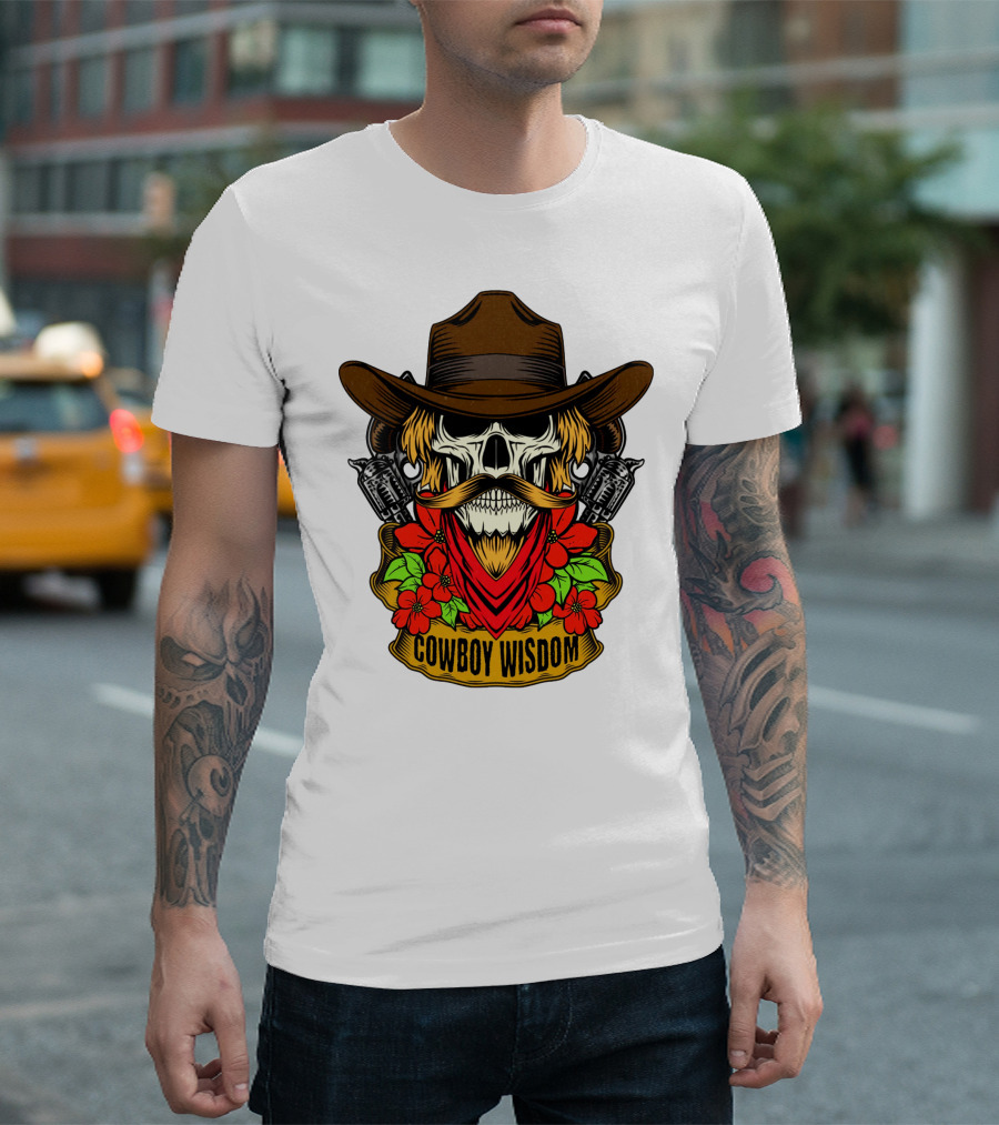Cowboy Wisdom Skull Western Skeleton Bandana Pistols Flowers T-Shirt