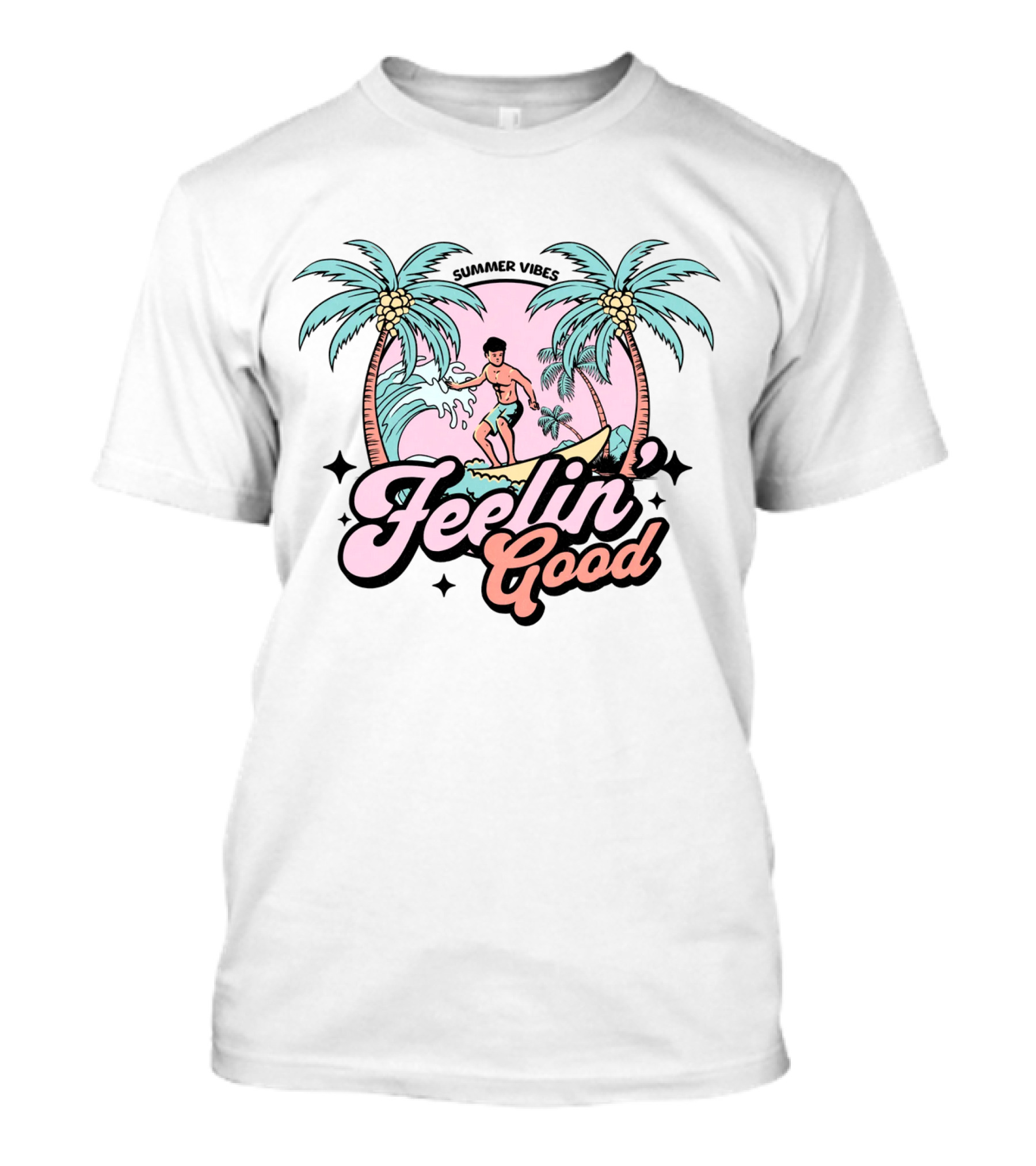 Summer Vibes Feelin' Good Surfing Graphic With Palm Trees T-Shirt
