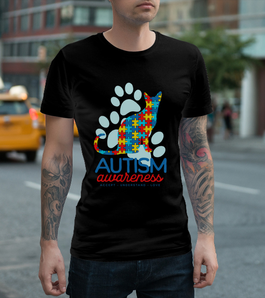 Autism Awareness Accept Understand Love Puzzle Cat Paw T-Shirt