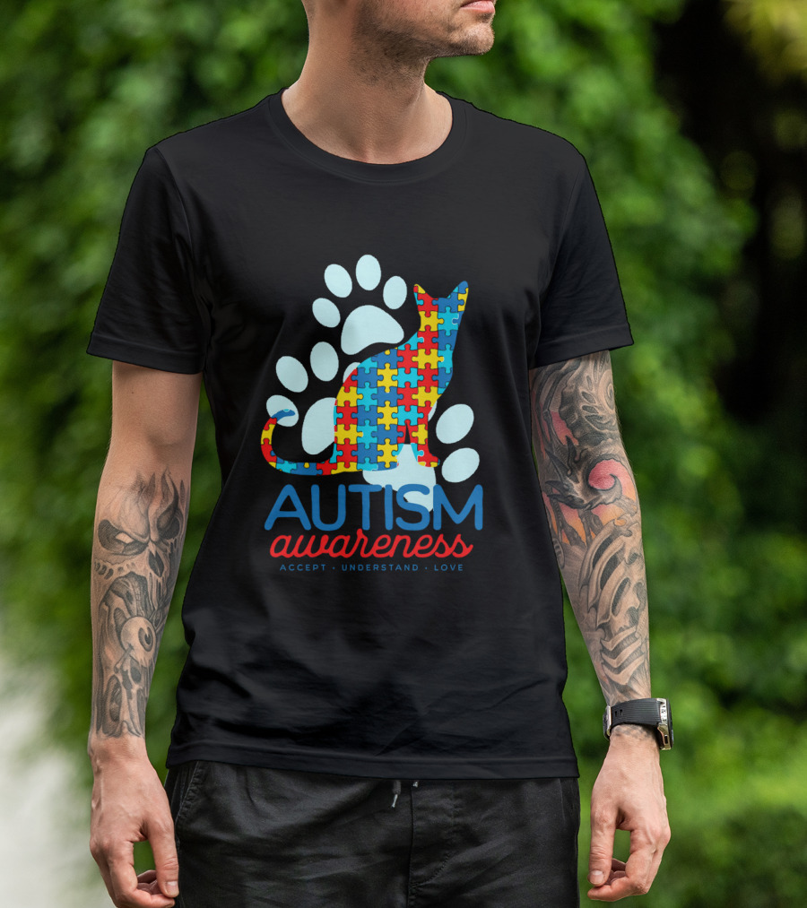 Autism Awareness Accept Understand Love Puzzle Cat Paw T-Shirt