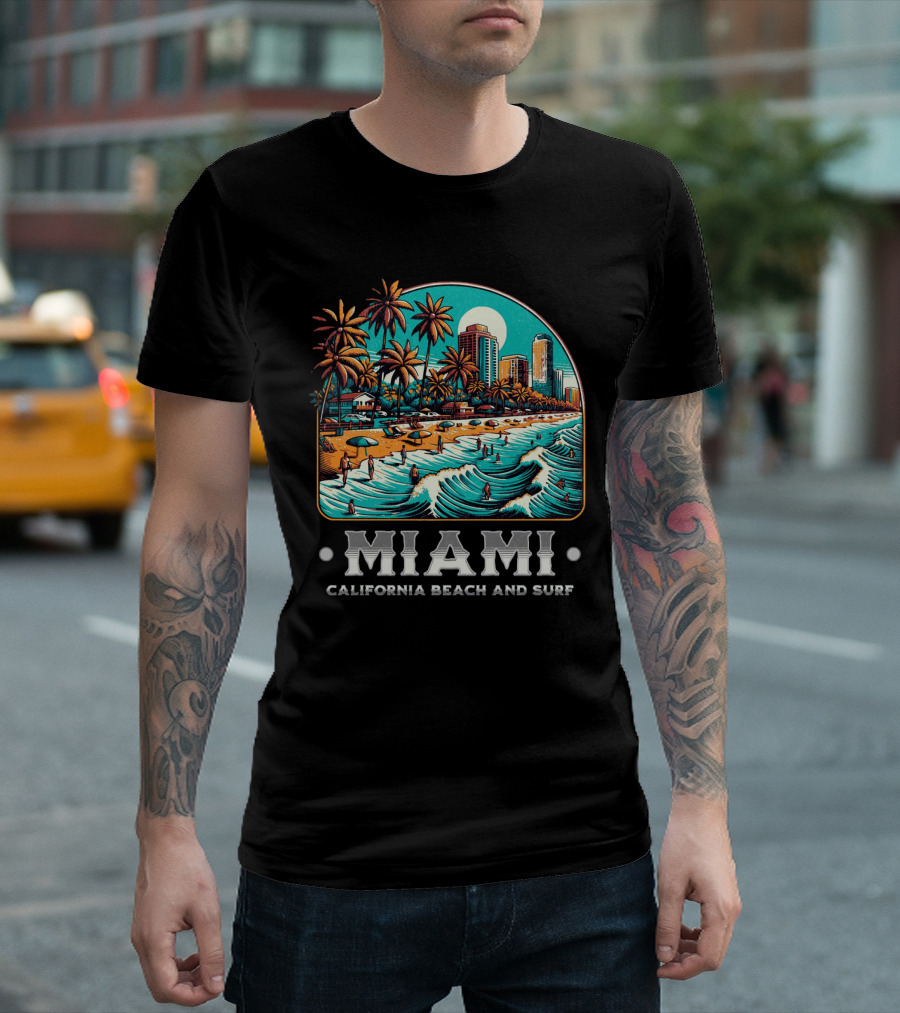 Miami Beach And Surf California Palm Skyline Ocean Waves T-Shirt