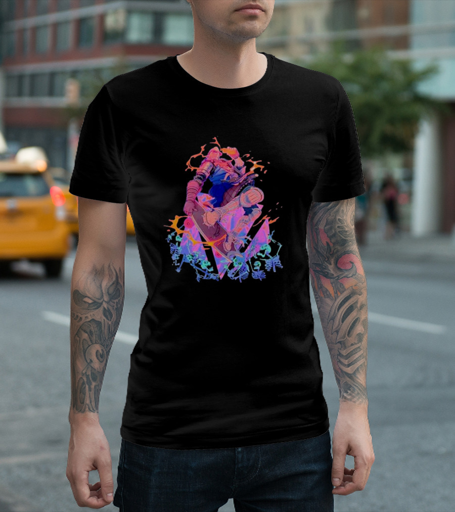 Skateboard Knight Neon Fantasy Warrior on Shredding Skeletons T-Shirt