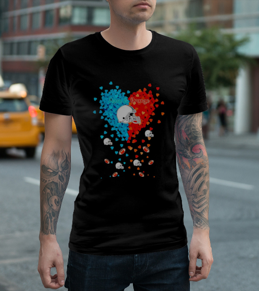 Aqua and Orange Miami Dolphins Hearts and Helmets Football T-Shirt