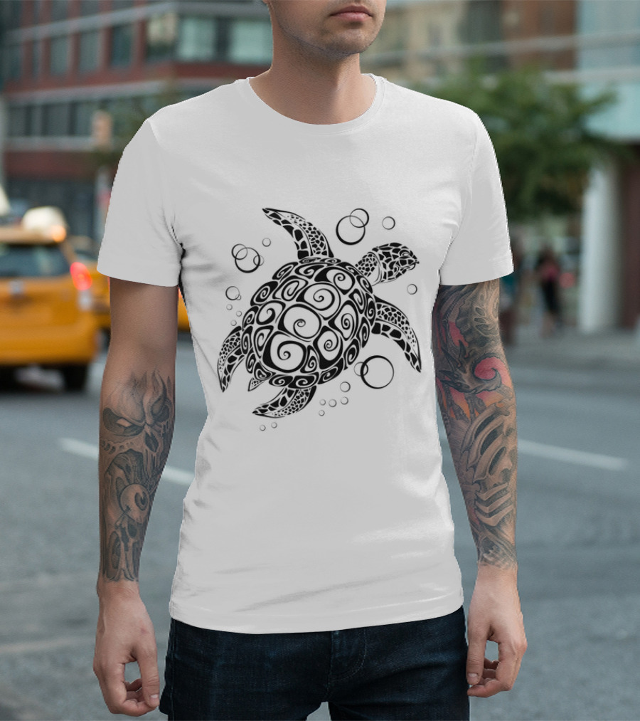 Sea Turtle Tribal Pattern With Bubbles T-Shirt
