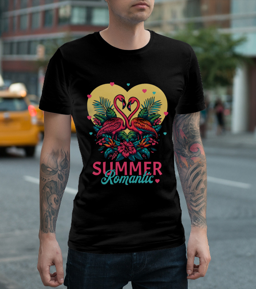 Summer Romantic Flamingo Birds Love Heart and Tropical Flowers T-Shirt