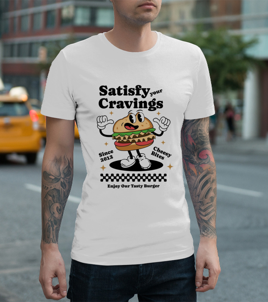 Satisfy Your Cravings Cheesy Bites Since 2012 Enjoy Our Tasty Burger T-Shirt