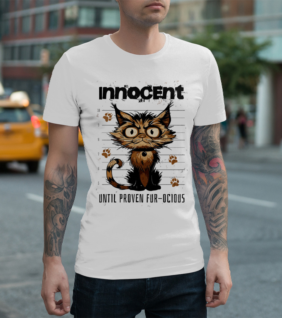 Innocent Shaggy Bandit Cat Until Proven Fur-ocious Police Lineup Funny Animal T-Shirt